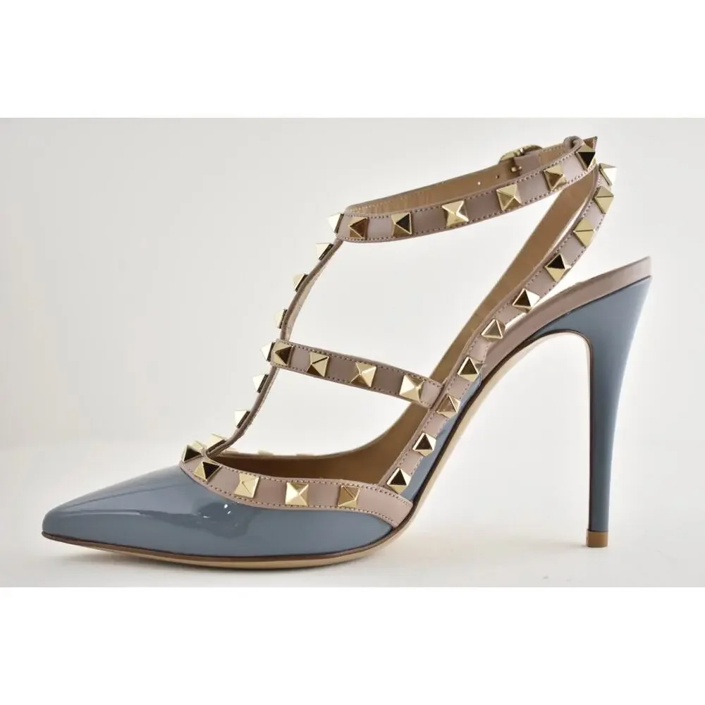 Valentino Rockstud 100mm Grey Blue Patent Poudre Nude Ankle Strap Heel Pump 36.5